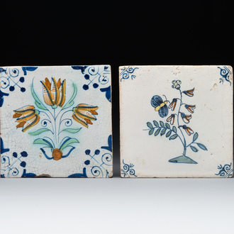 Two polychrome Dutch Delft 'flower' and 'butterfly and flower' tiles, 17th C.