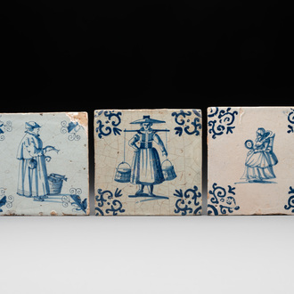 Three blue and white Dutch Delft tiles with ladies, 17th C.