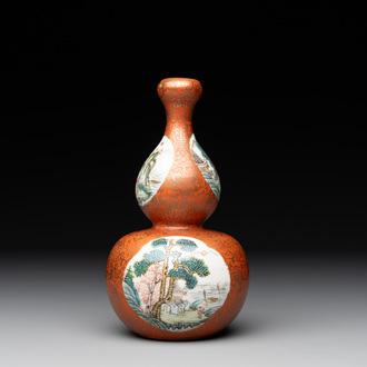 A Chinese famille rose coral-red-ground 'landscape' gourd vase, Qianlong mark, Republic