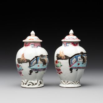 A pair of Chinese famille rose 'antiquities' tea caddies and covers, Yongzheng/Qianlong