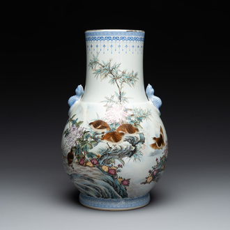 A Chinese famille rose 'quails' 'hu' vase, signed Xiong Mengting 熊夢亭, dated 1969