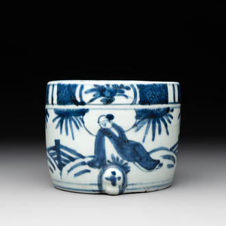 A Chinese blue and white 'kraak' porcelain censer with figures in a landscape, Wanli
