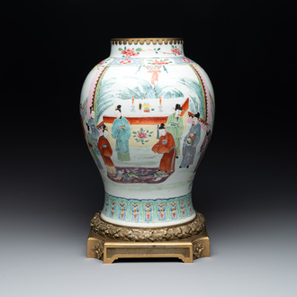 A Chinese famille rose gilt bronze mounted vase with figural design, Yongzheng