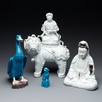 Two Chinese white-glazed Bodhisattva, a sancai-glazed duck and a turquoise-glazed lion, 20th C.