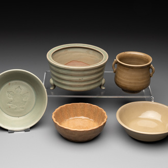 Two Chinese Longquan celadon incense burners and three saucers, Yuan/Ming