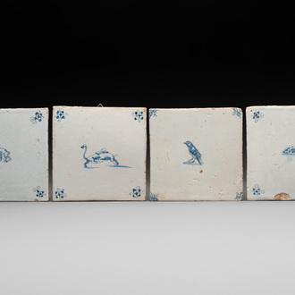 Four blue and white Dutch Delft elephant, boars, bird and mouse tiles, 17th C.