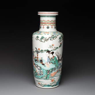 A Chinese famille verte 'Er Qiao Bing Du 二喬并讀‘ rouleau vase, Chenghua mark, 20th C.