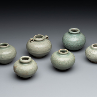 Six Chinese Longquan celadon jarlets with incised floral design, Yuan/Ming