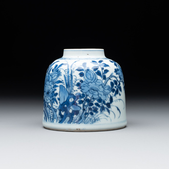 A Chinese blue and white bell-shaped water pot with birds among flowering branches, Kangxi