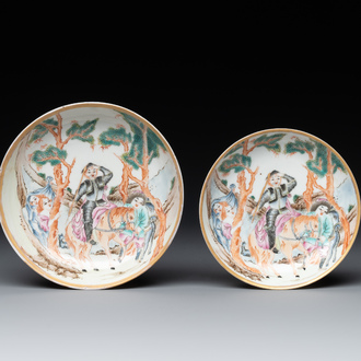 Two Chinese famille rose 'Don Quixote' saucers, 18/19th C.