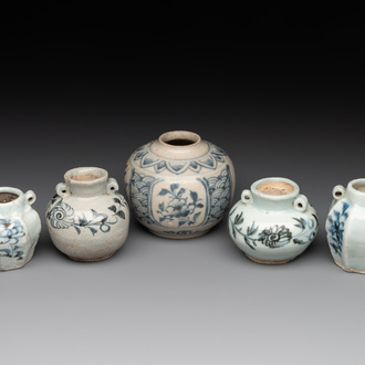 A collection of five Chinese blue and white jarlets, Yuan