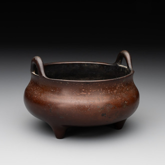 A Chinese bronze tripod censer, Xuande mark, Ming