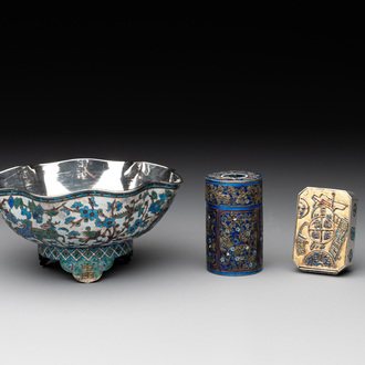 A Chinese enamelled silver bowl, a box and an opium container, 19th C.