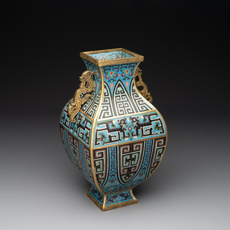 A Chinese cloisonné square archaic-style vase, Qianlong and Ren mark, 19/20th C.