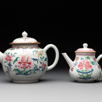 Two Chinese famille rose teapots with floral design, Yongzheng/Qianlong