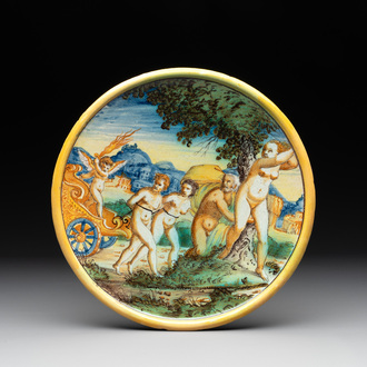 An Italian maiolica dish with 'Adam and Eve being expelled from paradise', 16/17th C.