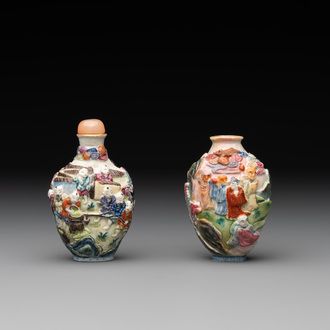 Two Chinese famille rose molded snuff bottles with figural design, Qianlong mark, 19th C.
