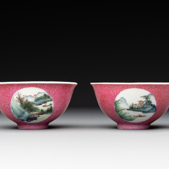 A pair of Chinese puce-sgraffito-ground 'landscape' bowls, Qianlong mark, Republic