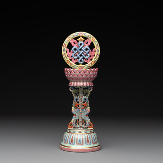 A rare Chinese famille rose Buddhist emblem altar ornament, Qianlong mark and of the period