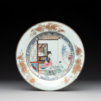 A Chinese famille rose 'lady and boy' plate, Yongzheng/Qianlong