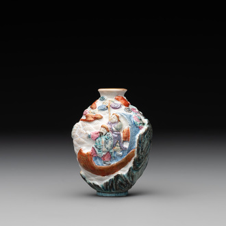 A Chinese famille rose molded 'capsized boat' snuff bottle, Qianlong mark, 19th C.