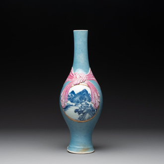 A rare Chinese blue, white and famille rose vase with landscape design, Guangxu mark, dated 1908