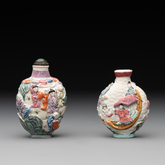 Two Chinese famille rose molded snuff bottles with figural design, Qianlong mark, 19th C.