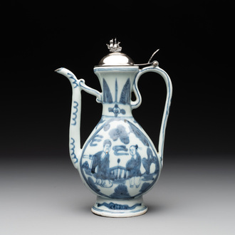 A Chinese silver-mounted blue and white ewer with figures in a landscape, Ming