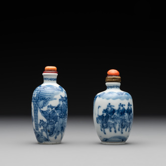 Two Chinese blue and white 'riders on horseback' snuff bottles, Yongzheng mark, 19th C.