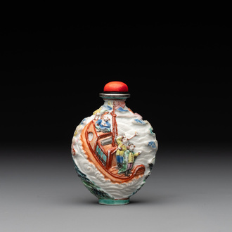 A Chinese famille rose relief-molded snuff bottle with narrative design, Xianfeng mark and of the period