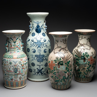 A pair of Chinese Nanking famille verte crackle-glazed vases, a famille rose vase and a celadon-ground blue and white vase, Chenghua mark, 19th C.