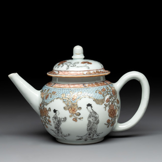 A fine Chinese famille rose and grisaille teapot with figural design, Yongzheng