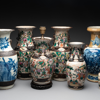Seven various Chinese Nanking blue and white, famille rose and verte crackle-glazed vases, 19th C.
