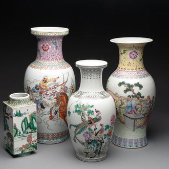 Three Chinese famille rose vases and a famille verte 'cong' vase, Qianlong mark, 20th C.