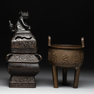 A Chinese bronze covered censer and a tripod censer, Ming/Qing