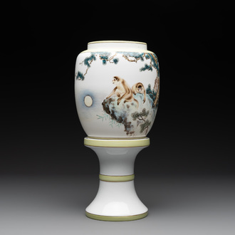 A Chinese polychrome-decorated eggshell 'monkeys' lantern on stand, 20th C.