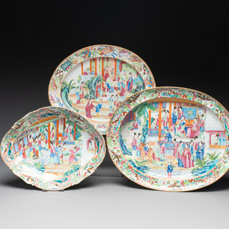 Two Chinese Canton famille rose dishes and a tazza with narrative design, 19th C.