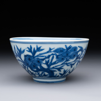 A Chinese blue and white 'Three Friends of Winter' bowl, Jiajing mark, Kangxi