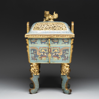 An exceptional Chinese cloisonné ‘Taotie’ censer and cover, 'fang ding 方鼎', Qianlong