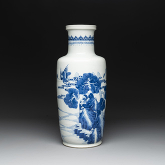 A Chinese blue and white 'deer and crane' rouleau vase, Kangxi