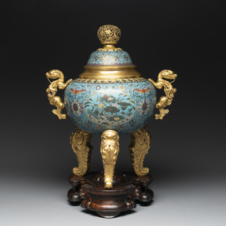 An impressive Chinese cloisonné 'dragon' censer and cover on wooden stand, Qianlong mark and of the period