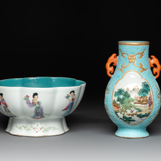 A Chinese famille rose turquoise-ground 'hu' vase and a 'ladies' bowl, Qianlong mark, Republic