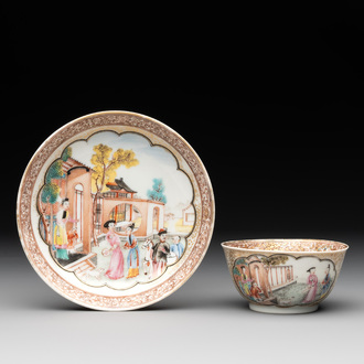 A fine Chinese Canton famille rose 'mandarin subject' cup and saucer, Qianlong