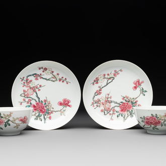 A pair of fine Chinese famille rose cups and saucers with floral design, Yongzheng