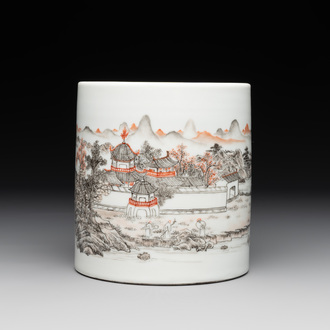 A Chinese grisaille and iron-red 'landscape' brush pot, Ju Ren Tang mark, Republic