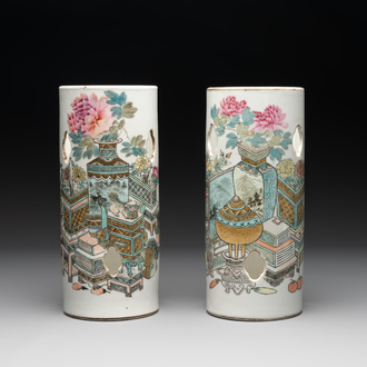 Two Chinese qianjiang cai 'antiquities' hat stands, signed Xu Pinheng 許品衡, Guangxu mark, dated 1892 and 1894