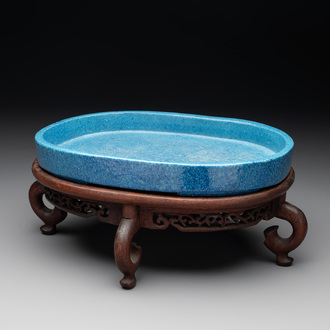 A Chinese robin's egg-glazed narcissus basin with a wooden stand, 19th C.