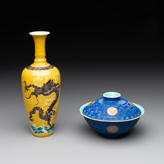 A Chinese sancai 'dragon' vase and a blue- and turquoise-glazed 'shou' bowl and cover, 19/20th C.