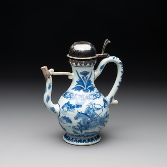 A Chinese silver-mounted blue and white 'Mongolian hunt' ewer, Transitional period