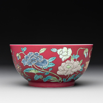 A Chinese famille rose ruby-ground 'peony' bowl, Yongzheng mark, 19/20th C.